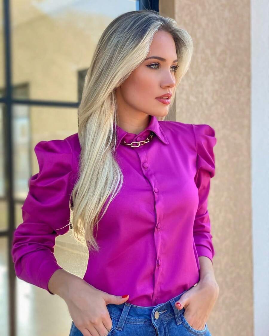Camisa Feminina Manga Longa Bufante Alfaiataria Acetinada