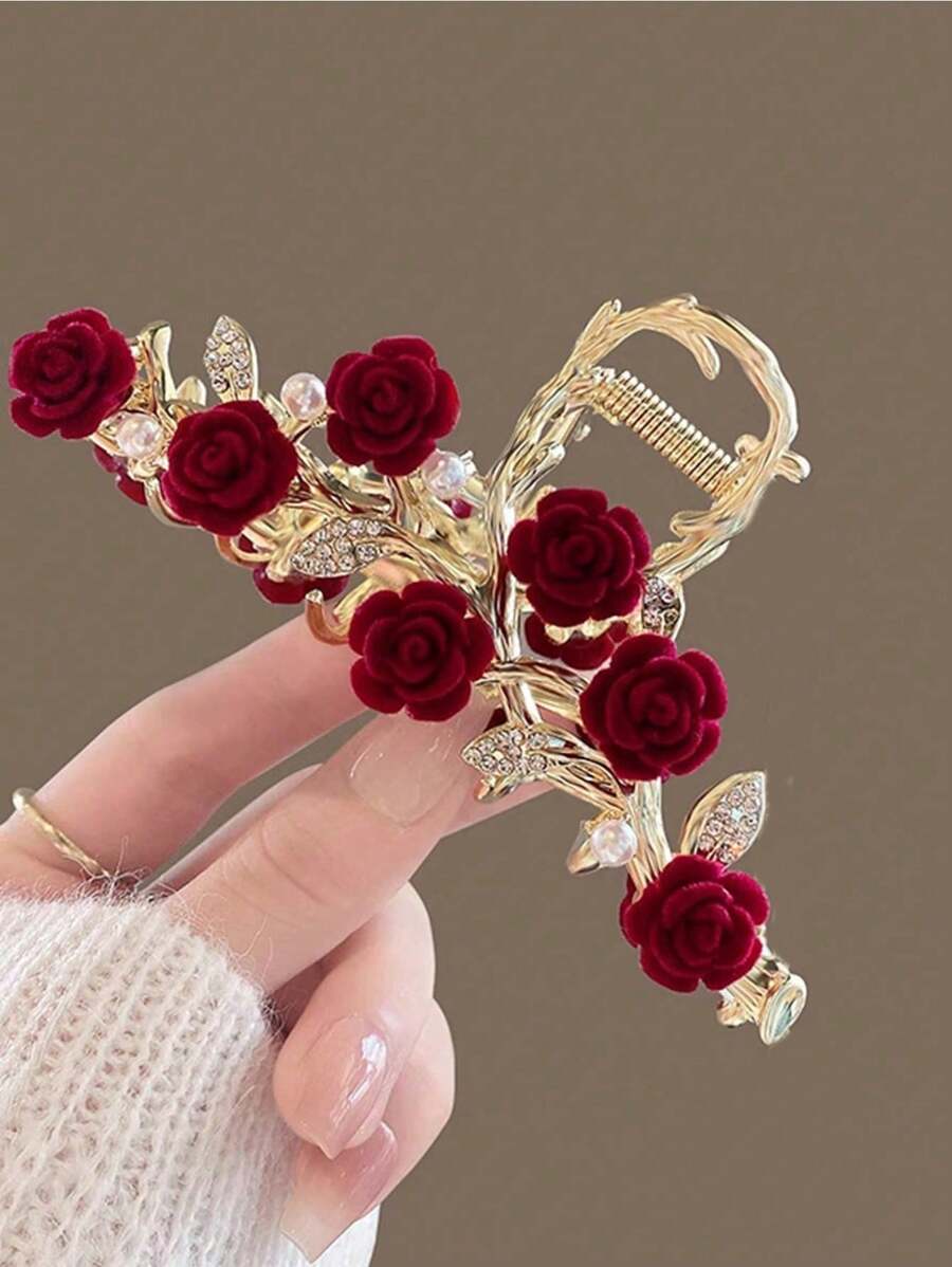 1 pièce Clip à cheveux en alliage orné de papillon et de strass camélia pour femme, accessoire de cheveux élégant et pour un usage quotidien, convient aux chignons et coiffures torsadées françaises. Clips à cheveux pour la Saint-Valentin