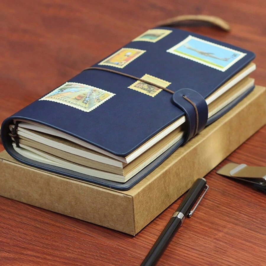 Binding Creative Notebook With Metal Bookmark Include Kraft Paper + Lined Paper + PVC Storage Bag For Hand Ledger Retro Portable Travel Diary Notebook Students School Stationery Supplies