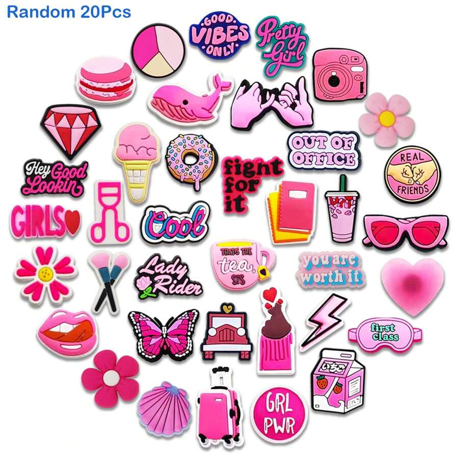 Random 20Pcs Pink Series Shoe Charms For Clogs Shoe DIY Decoration Premium Quality Popular Charms Accessories Bubble Slides Sandals, PVC Shoe Decorations Beach Bag Accessories Great Gift For Teens Men Women And Adults
