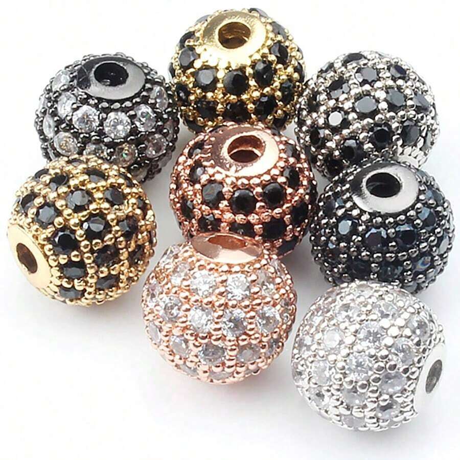 Lote de 3 piezas de bolas redondas de moda de color con cuentas de CZ, metal de latón, micro pavé de cristal de circonia cúbica, cuentas con espacios para hacer pulseras, accesorios de bricolaje de joyería 4/6/8/10/12mm