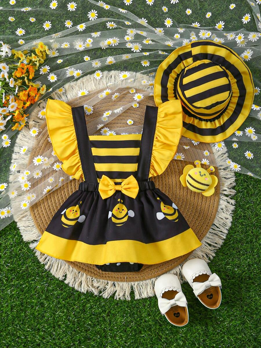 Baby Girl Ruffle Strap Bee Printed Romper Dress With Hat