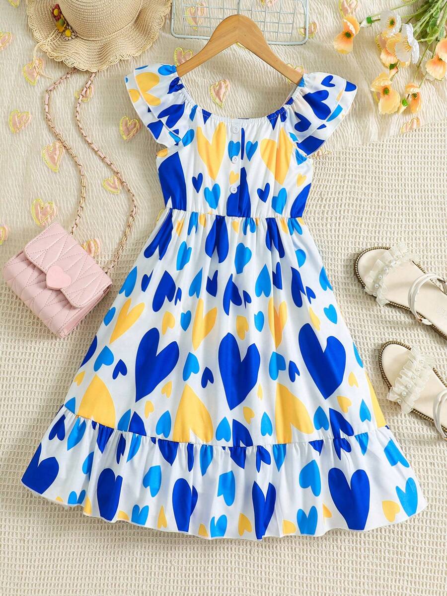 Tween Girl Summer Fashionable Simple Heart-Shaped Digital Print Ruffle Sleeve Dress
