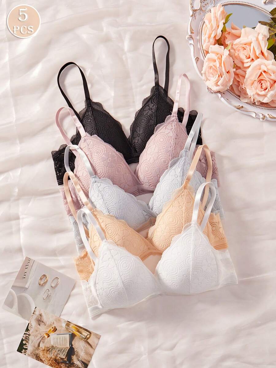 5 PIEZAS Sujetador tipo bralette cómodo y suave de encaje sin varillas, ropa interior de color sólido