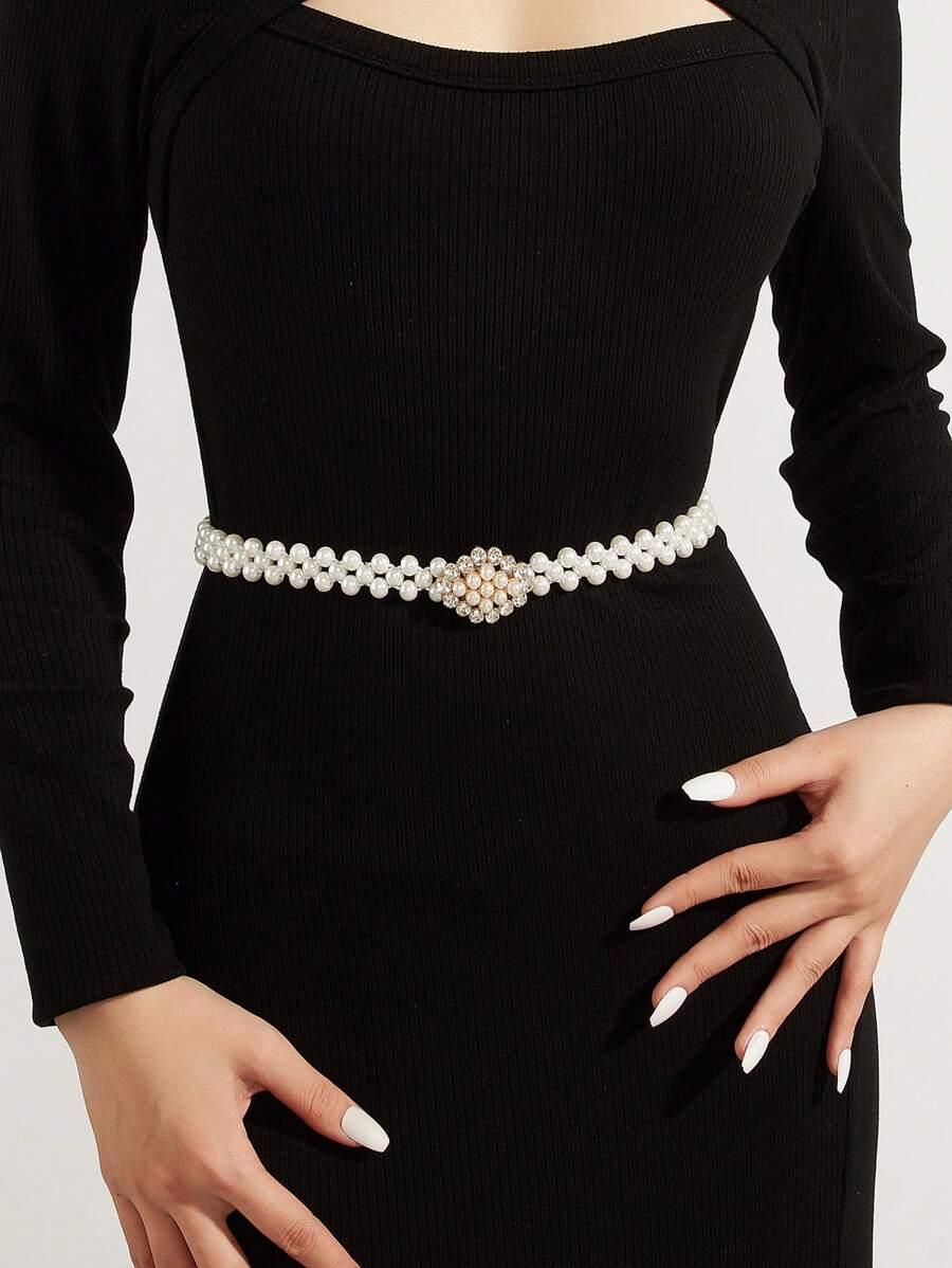 Elegant Pearl Elastic Waist Chain, Fashionable Women's Dress Decorative Belt, Stretchy Waist Band, Versatile Simple Design
