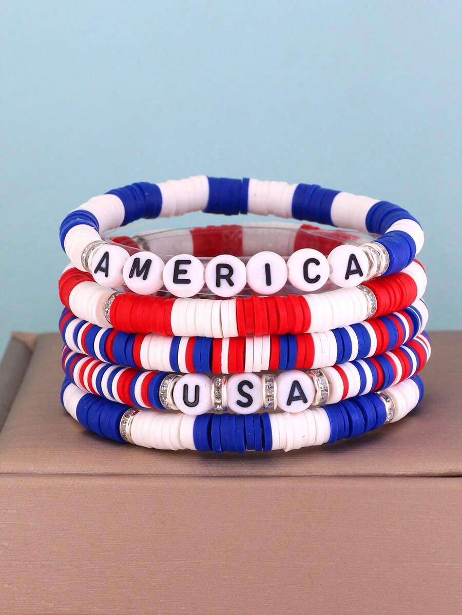 GuoShuang 7 pièces/set Bracelet élastique avec lettre de l'alphabet perlé thème Jour de l'Indépendance avec décoration d'étoile et de drapeau, style européen et américain