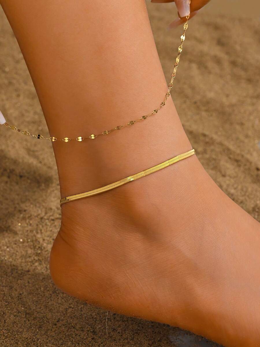 2pcs 18K Gold Plated Stainless Steel Jewelry Luxury Sexy Lip Chain Blade Chain Anklet For Women Accessory Birthday Gift For Summer Vacation Travel Beach Party