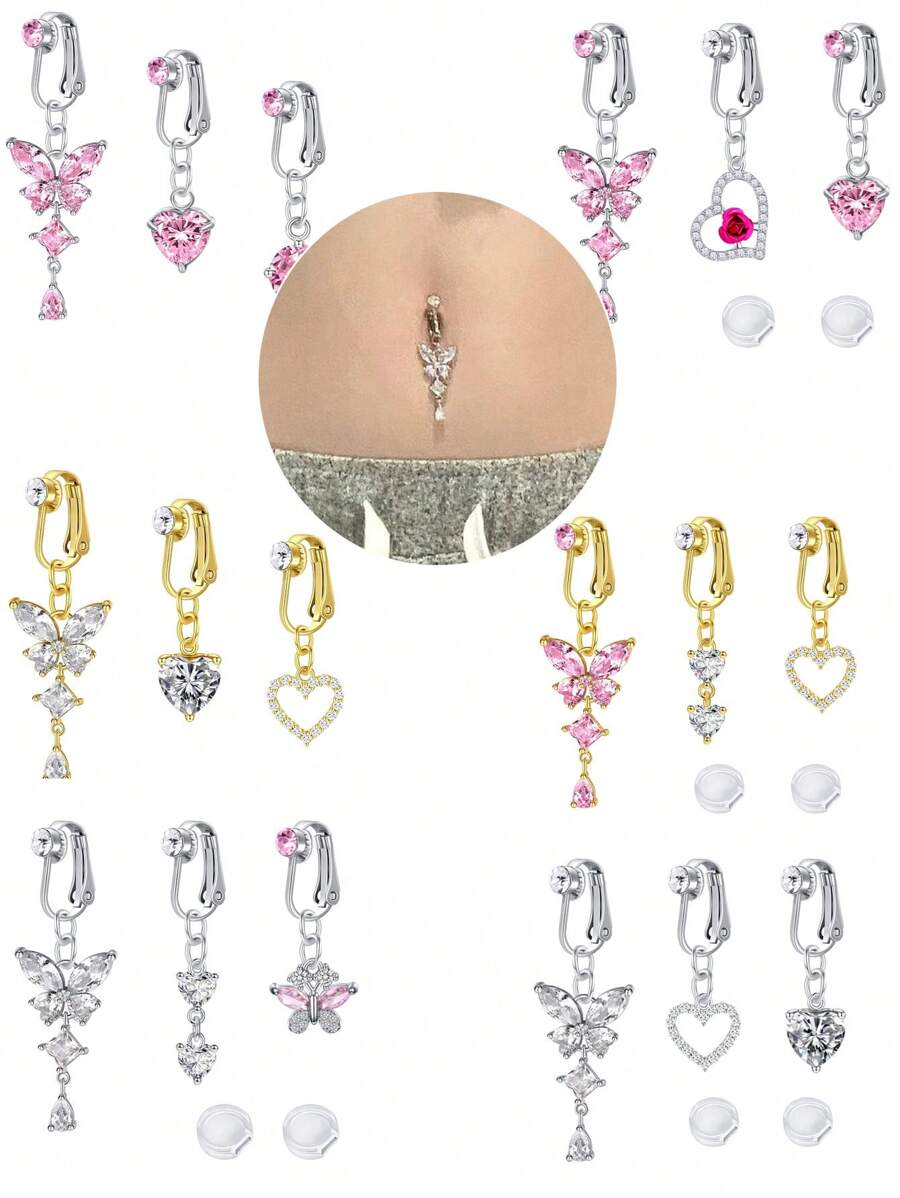 2-3pcs Pink Fake Belly Ring Clip On Belly Button Rings Stainless Steel Fake Earrings Diamond Dangle Non Piercing Belly Piercing Jewelry With Pain Relieving Silicone Pads