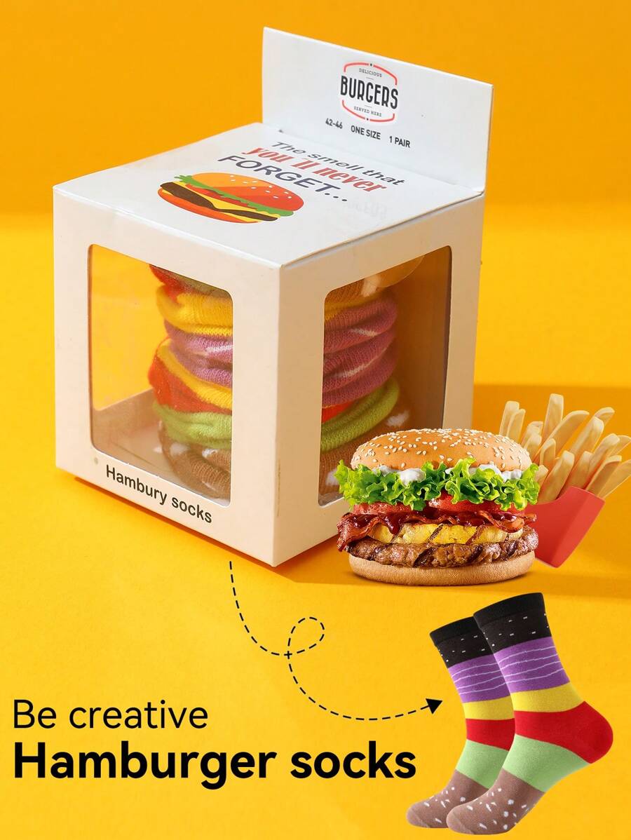 1 par de calcetines unisex hasta la pantorrilla con patrón de hamburguesa, regalo novedoso e interesante, cómodos, transpirables, adecuados para Halloween, Navidad, San Valentín, reuniones familiares, uso casual, hogar, cumpleaños en pareja, disponibles para todas las estaciones incluyendo otoño e invierno, los calcetines talla grande coloridos y mejores