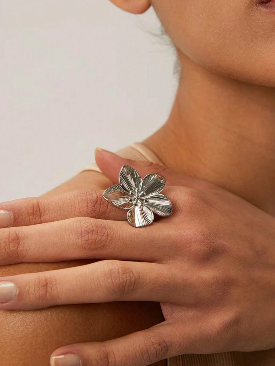 1 Stück einfacher & stilvoller Titanstahl Blumen und gefalteter Öffnungsring, lässiger Ring Schmuck für den täglichen Gebrauch, Valentinstag, Muttertag, Geschenk für Mutter