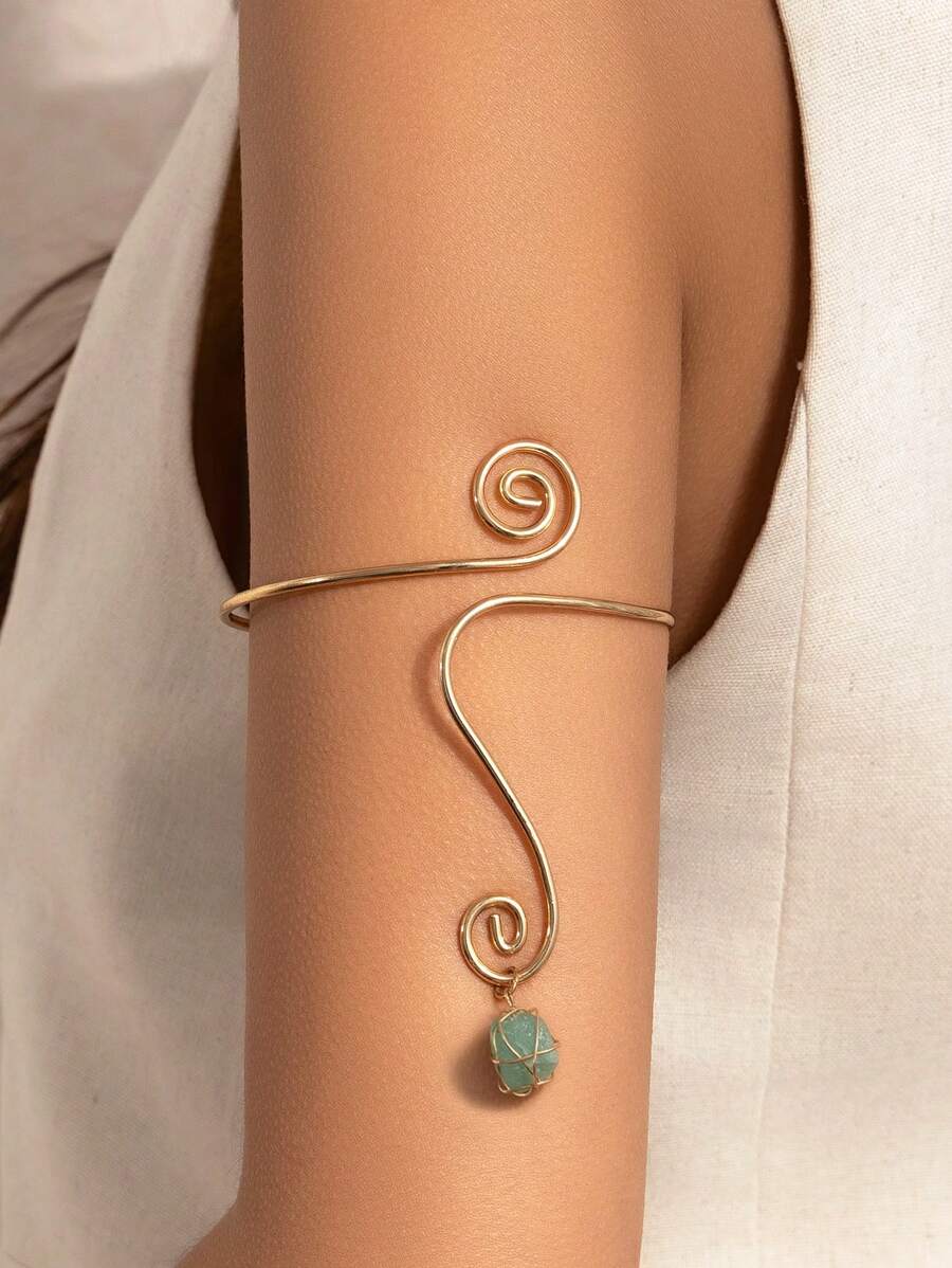 1 peça estilo boêmio vintage assimétrico cristal turquesa pingente espiral aberto pulseira, adequado para uso diário feminino e decoração casual de férias, charmoso presente de joia corporal (formato e tamanho do pingente turquesa aleatórios)