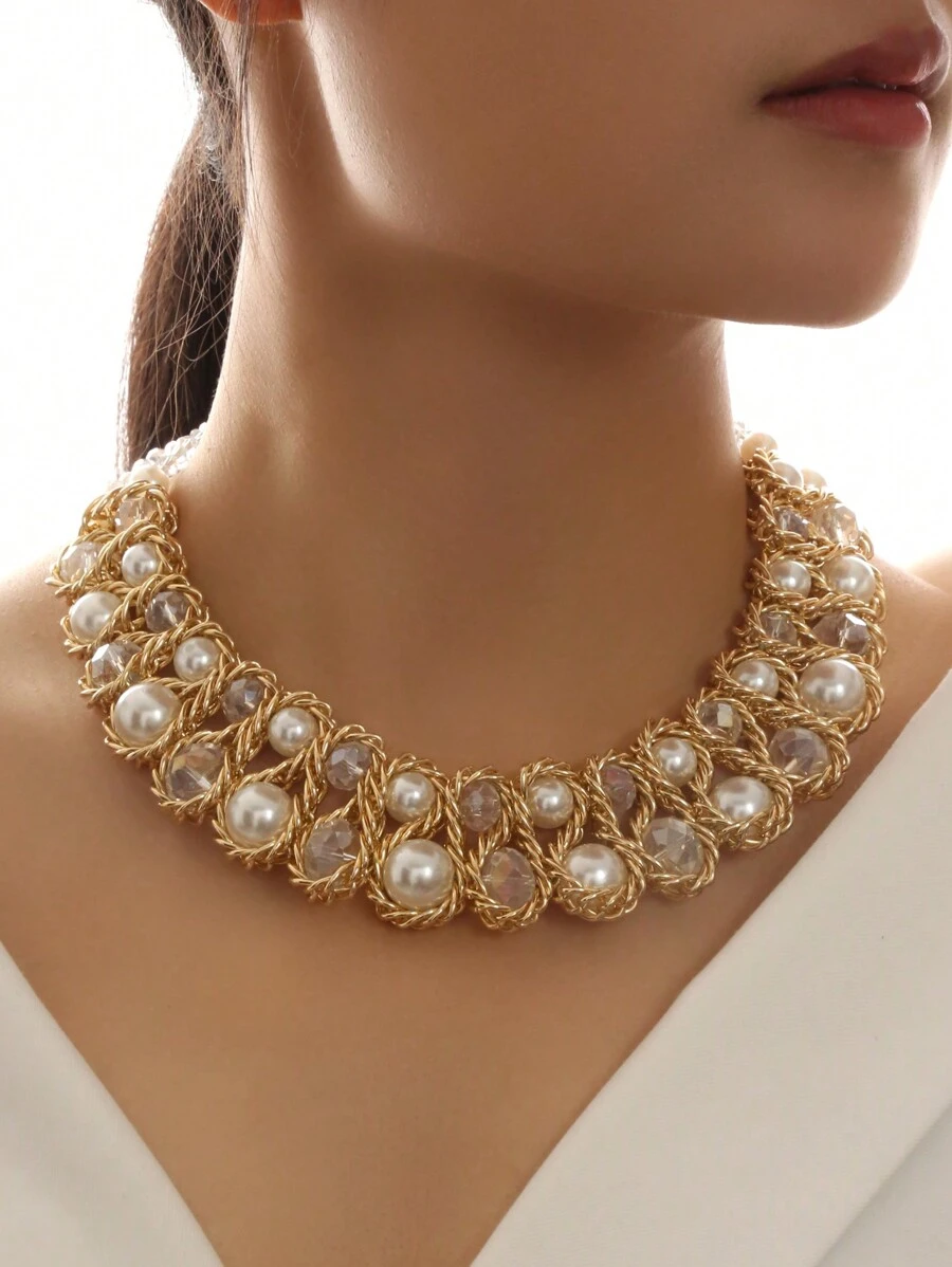 1pc Fashionable Crystal Pearl Beaded Double Row Necklace For Women