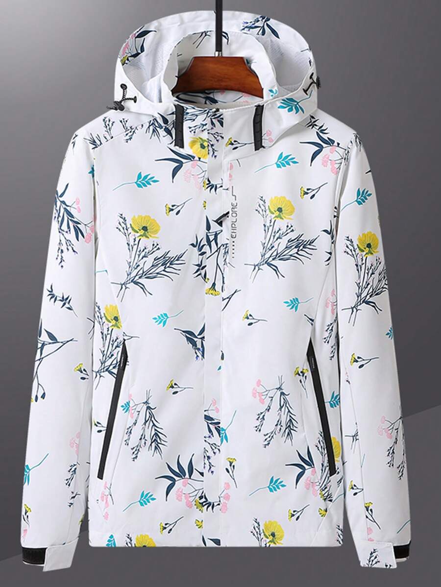 Women's Hooded Camouflage Windbreaker Jacket With Plant Print, Long Sleeve For Outdoor Sports Workout Jacket
