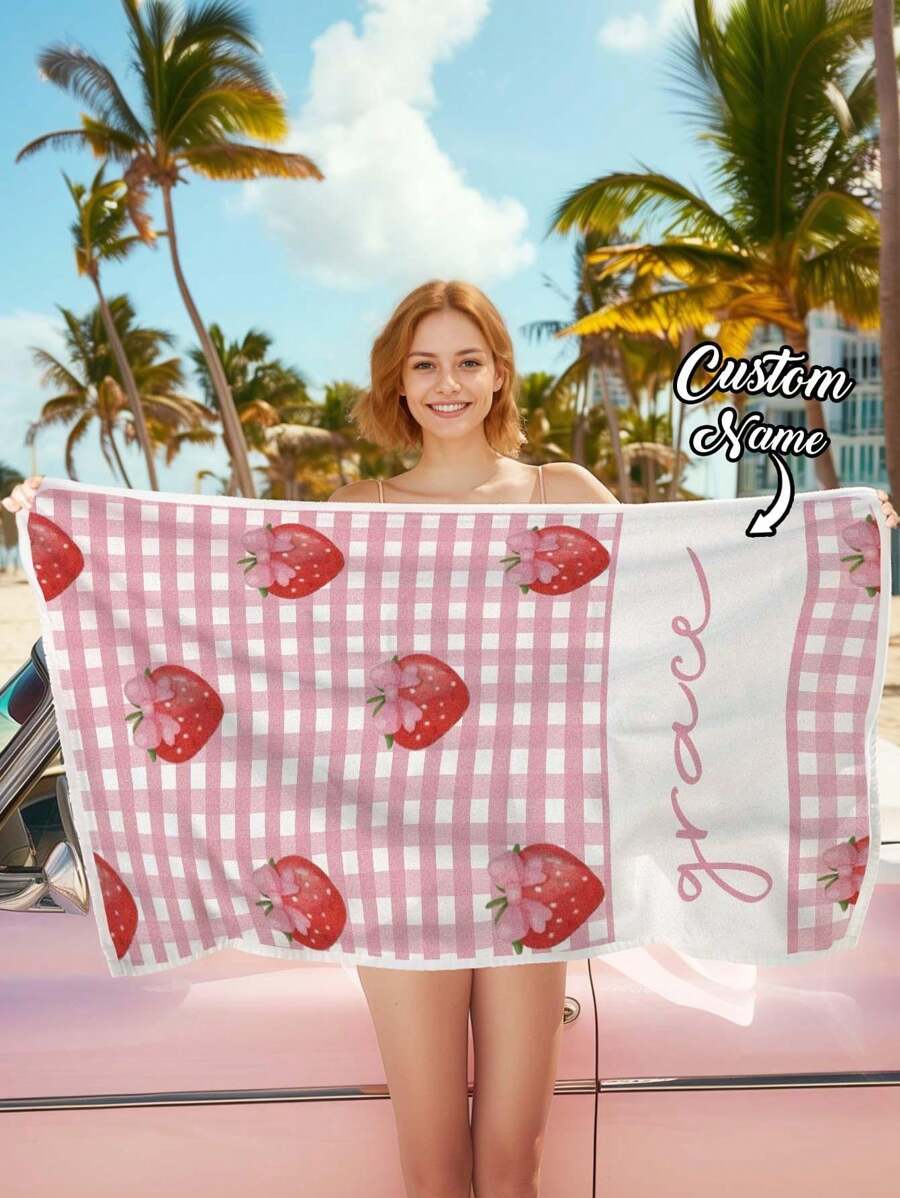 1pc Custom Beach Towel, Custom Name Beach Towel, Peach, Strawberry, Watermelon Beach Towel, 70*140cm, 80*130cm, Perfect For Outdoor Beach Travel Swimming Gym Yoga, Beach Accessories, Perfect For Men & Women, Anniversary Gift, Birthday Gift, Mother's Day Gift, Father's Day Gift, Best Friend Gift, Gift For Girlfriend/Boyfriend