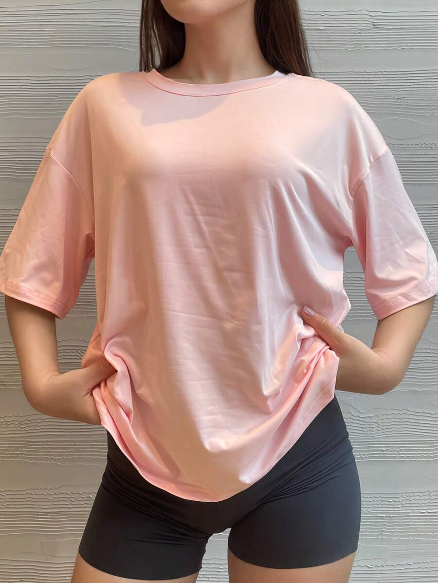 Big Shoulder Short SleevesT-Shirt Drop Pure Colour Black Summer Relaxed Leisure