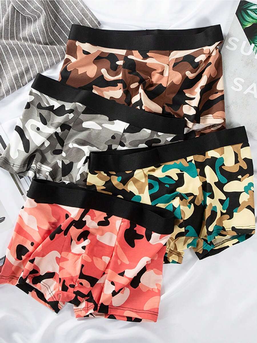 4pcs/Pack Men's Printed Camouflage Briefs, Elastic Breathable Boxer Shorts, Comfortable