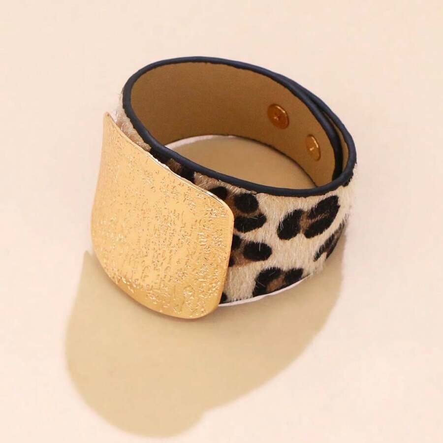 Leopard Print Faux Leather Metal Bangle Bracelet, Fashion Accessories For Women