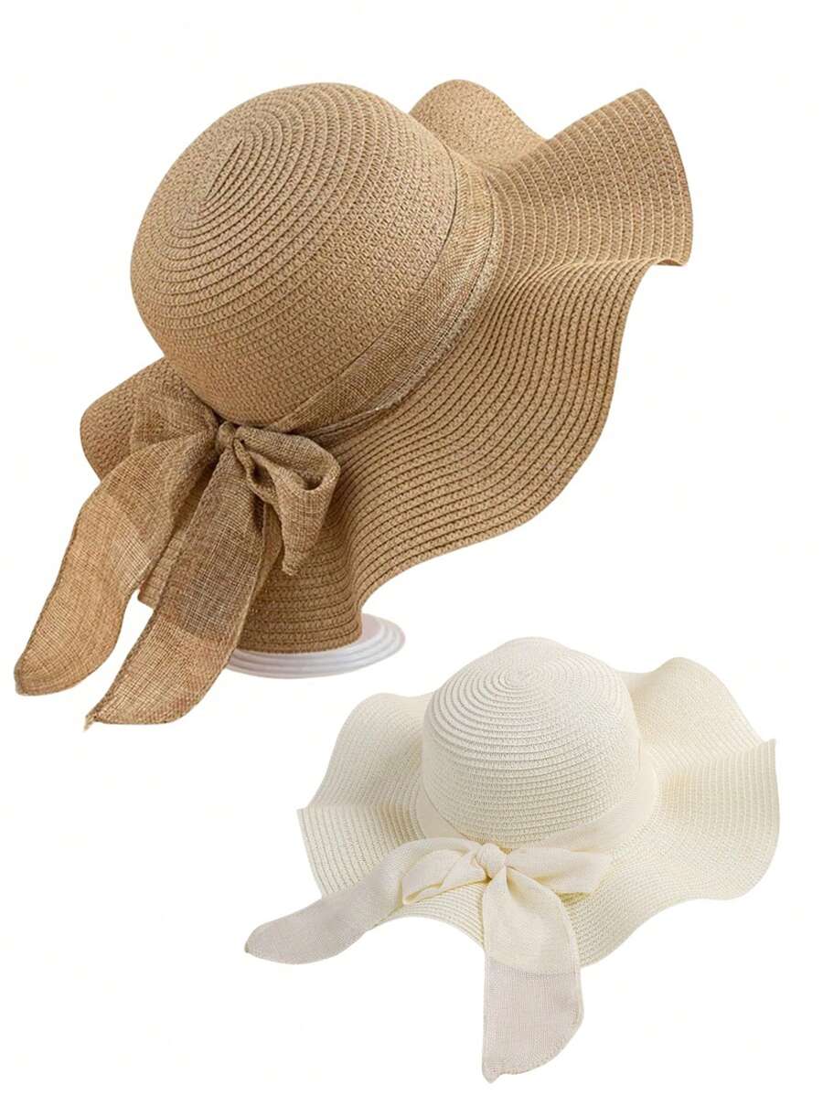 1 peça Chapéu de Sol Feminino de Cor Aleatória, com Aba Ondulada e Fita, Perfeito para Praia, Viagem ou Férias Estilo Bohemio