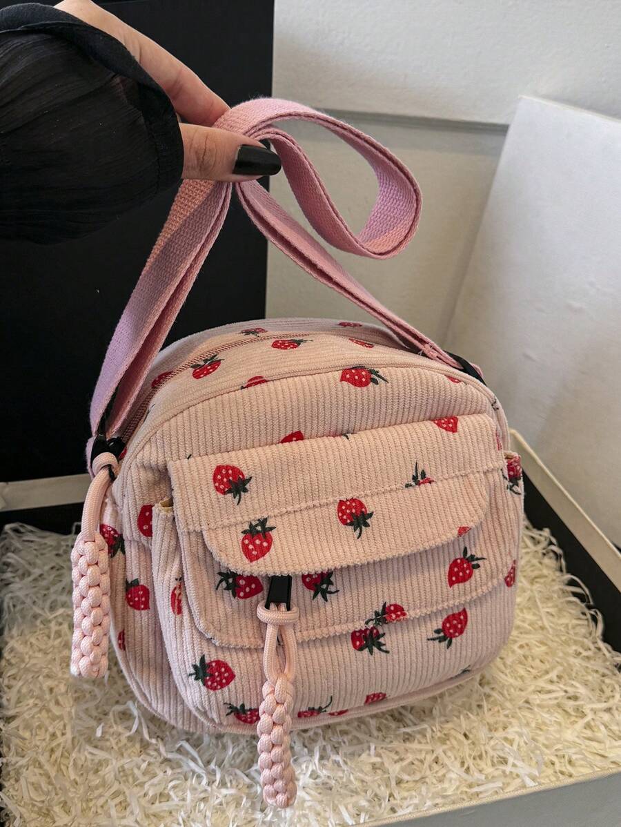 Bolso cuadrado con estampado de fresa, de estilo minimalista y elegante, con bolsillo exterior tridimensional, correa de hombro ajustable y correa cruzada. Adecuado para uso casual y de estudiantes, monedero con fresa de y lindo para el Día de San Valentín.