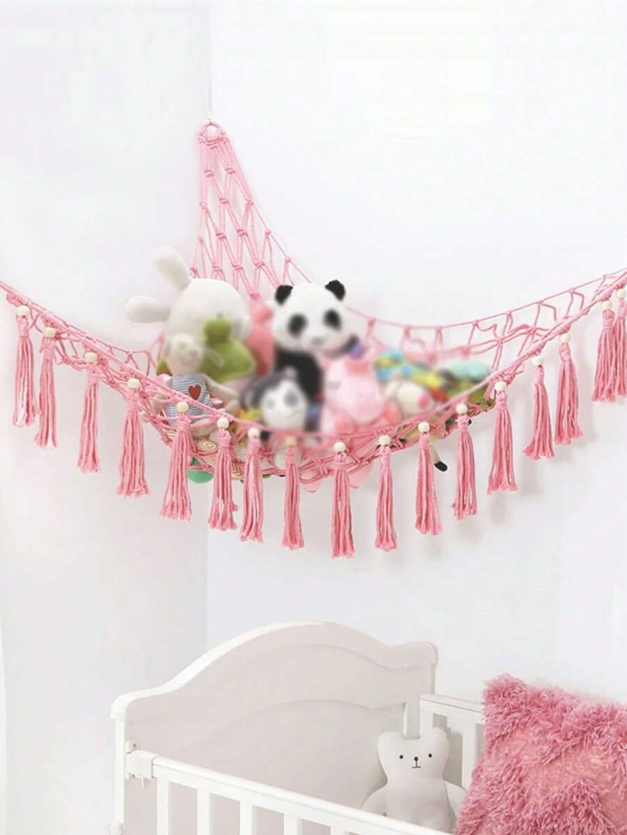 1 peça (Rosa) Corda Trançada à Mão, Bolsa de Rede de Armazenamento de Brinquedos para Pendurar na Parede, Decoração de Parede, Prateleira Dupla de Corda Trançada para Layout de Quarto com Tapeçaria, Decoração de Casa, Rede de Brinquedos Boho Hammock, Rede para Animais de Pelúcia Macramê para Armazenamento de Brinquedos, Bolsa de Rede de Canto, Organizador de Rede de Brinquedos de Pelúcia com Franjas e Ganchos para Organização de Casa e Suprimentos Escolares.