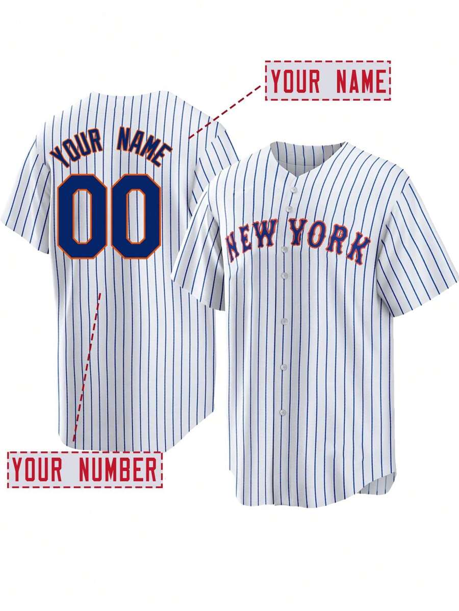 Camiseta de béisbol personalizada con el nombre y el número, estilo novio, de hombre, de nueva york, con rayas blancas y azules, cuello en v, manga corta con botones, personalizada, para fiestas, juegos, entrenamientos, deportes, tallas S-XXL, regalos estilosos, ropa personalizada de navidad, estilo novio, hallazgos tesoro, guardarropa cápsula, estilo deportivo de novio, regalos ideales para él, novio, amigos, familia, niños, para cumpleaños, navidad, invierno/otoño, vacaciones/vacaciones, escuela/competición, deportes/escalada