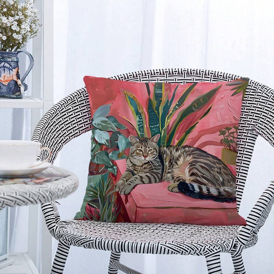 1pc Cat & Greenery Watercolor Printed Pillow Case, Home Decorative Cushion Cover For Sofa
