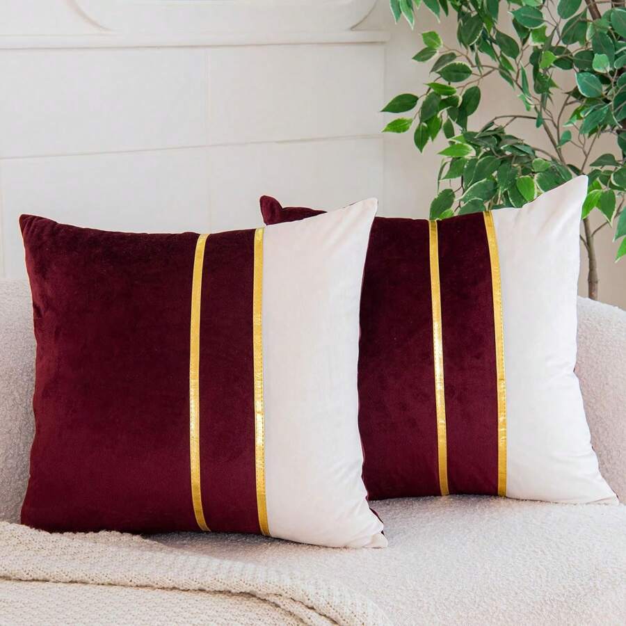 1pc Burgundy & White Velvet Patchwork With Gold Leather Stripes Throw Pillow Cover, Square Cushion Cover, Holiday Home Decorative Soft & Comfortable Fabric, Modern Sofa Decor, For Household Bedroom & Dorm Use