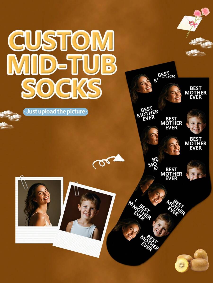 1pair Personalized Custom Text 'Face' Women's Mid-Calf Socks With 'Best Mother Ever' Photo And Custom Text Funny Socks, Interesting Custom Image Couple Knee-Length Socks, Suitable For Father's Day, Birthday Gifts And Other Occasions,Dawg,Colorful,Cute,Adorable,Contracted,Funny,Custom,Unique,Customized,Personalized,Ideal Gifts For Him,Ideal Gifts For Her,Boyfriend,Girlfriend,Family,Friends,Grandparents,Her