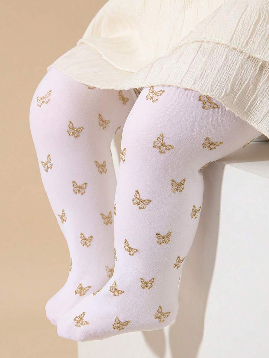 1pair Baby Girls' Princess Gold Butterfly Breathable And Comfortable Tights, Suitable For Daily Wear Or Party Outfits