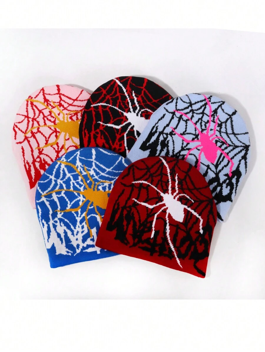 1 pieza Gorro de punto con estampado de tela de araña para hombres, estilo europeo y americano Y2K, a prueba de viento y con protección de orejas, gorro de calle de moda hip hop, unisex para Halloween