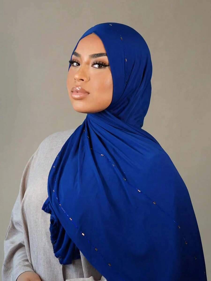 1 pièce Foulard souple en jersey unicolore avec diamants pour femmes, foulard arabe décontracté et long, couleur unie, foulard conservateur, convient pour un usage quotidien