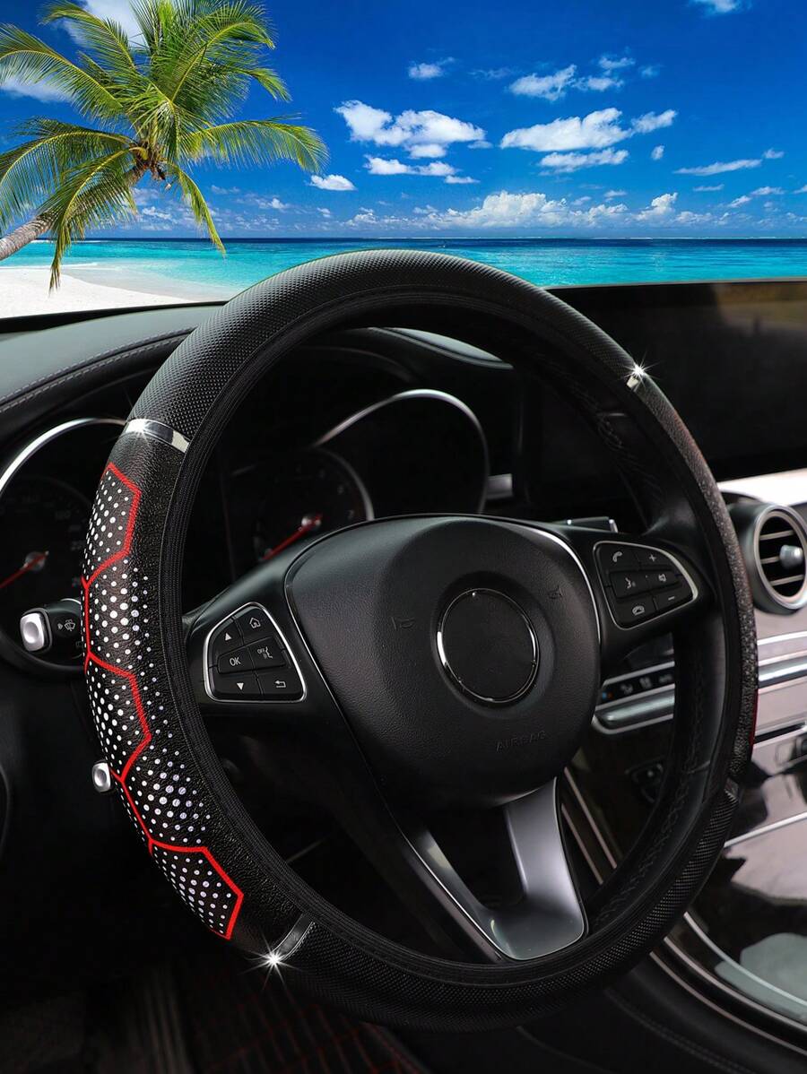 1 pieza Cubierta de volante de coche elegante de piel sintética con diseño de cuadros y detalles brillantes, apta para coches de 14,5 a 15 pulgadas