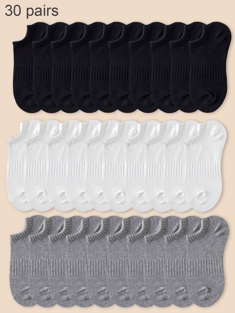 30 Pairs Of Black, White And Grey Ankle Socks, Moisture-Wicking, Soft, Simple And Versatile Design, Suitable For Summer