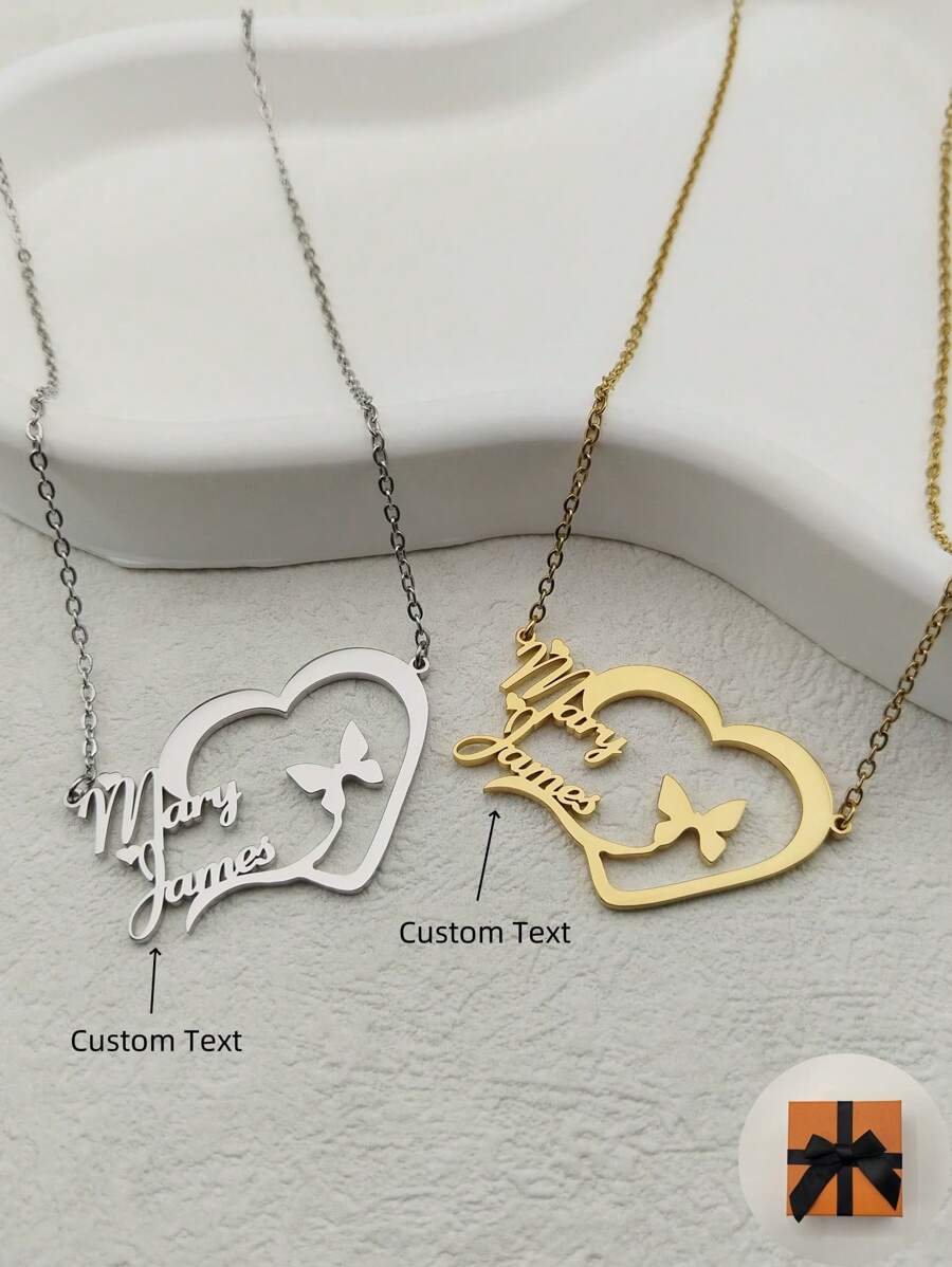 1 pieza Collar personalizado con diseño de corazón y mariposa con nombre para mujeres, plata - regalo ideal para festivales y San Valentín