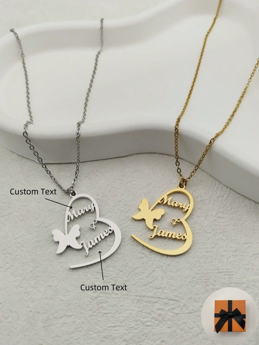 1 pieza Collar personalizado con diseño de corazón y mariposa de estilo minimalista de moda con texto de doble nombre para mujeres/parejas - color dorado para San Valentín