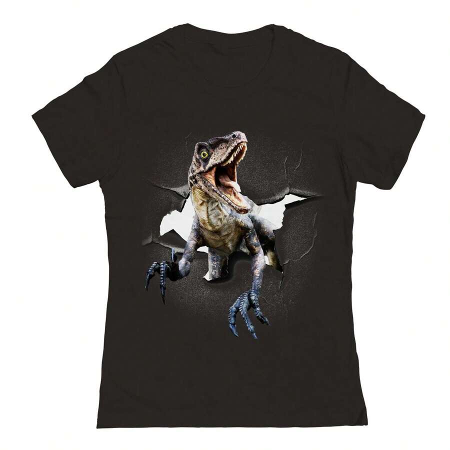 Nearly There Funny Raptor Dinosaur Poking Head, Cracked Wall Graphic Ladies Cotton T-Shirt