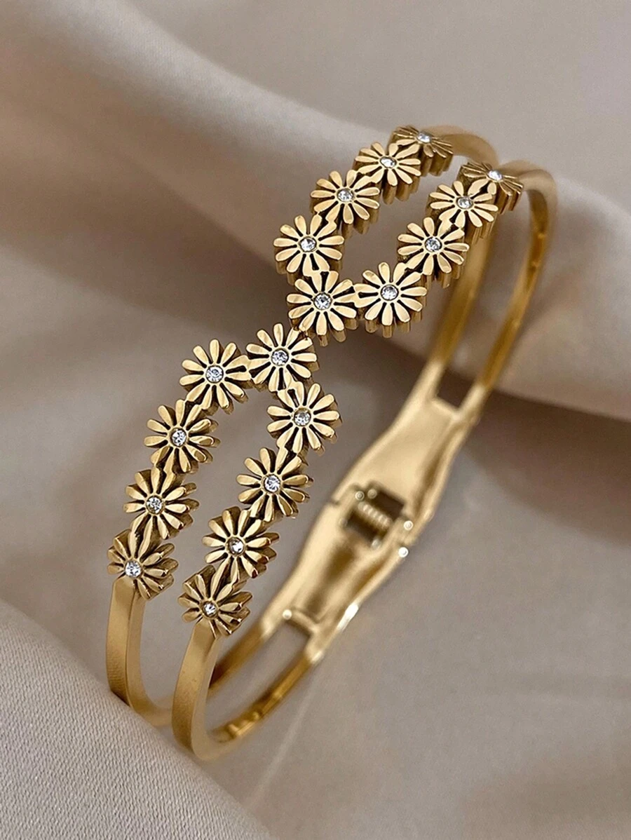 1pc Vintage Flower Bangle Bracelets For Women Fashion Stainless Steel Bracelets For Party Daily Jewelry Birthday Gifts
