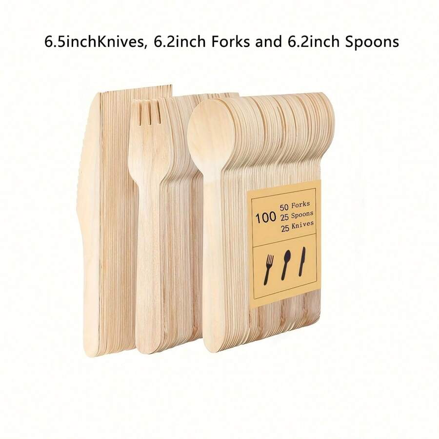 50pcs Fork + 25pcs Knife + 25pcs Spoon Disposable Wooden Cutlery Set, -Friendly Utensils For Wedding Party, BBQ, Home Kitchen,Christmas