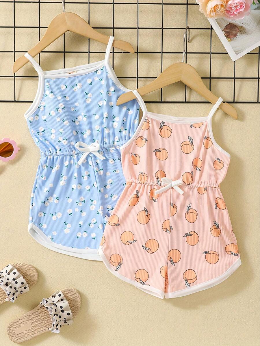 Young Girl Cute 3D Print Cami Jumpsuit Set 2pcs Cute Bow Decor Rompers For Summer Party Holiday Vacation
