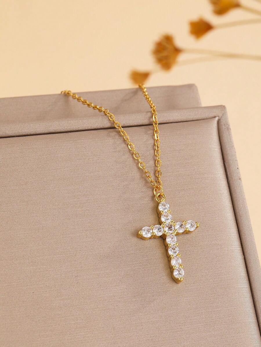 1 pièce Collier avec croix en or incrustée de zircone cubiques en acier inoxydable classique
