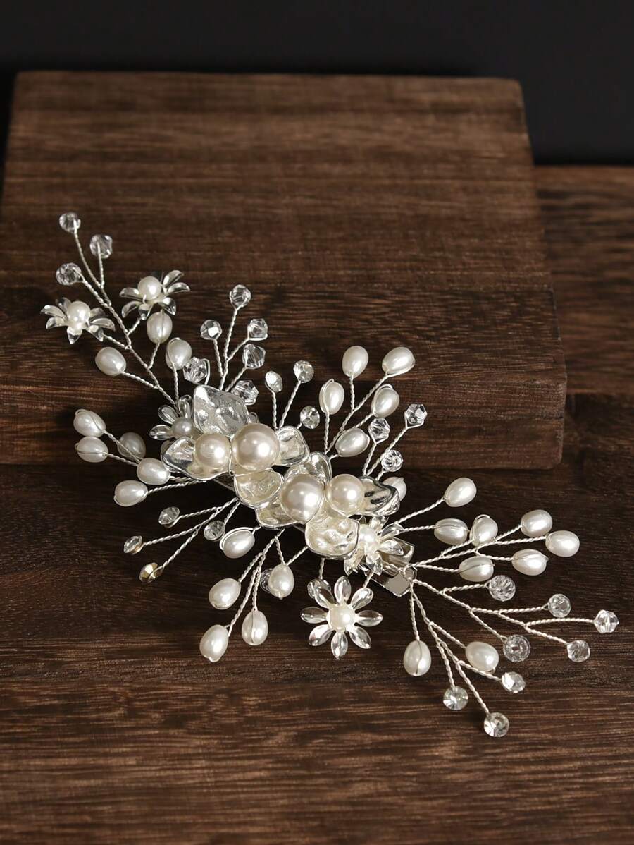 1pc Handmade Faux Pearl Flower Barrette Alloy Hair Clip Hairpin, Bridal Wedding Party