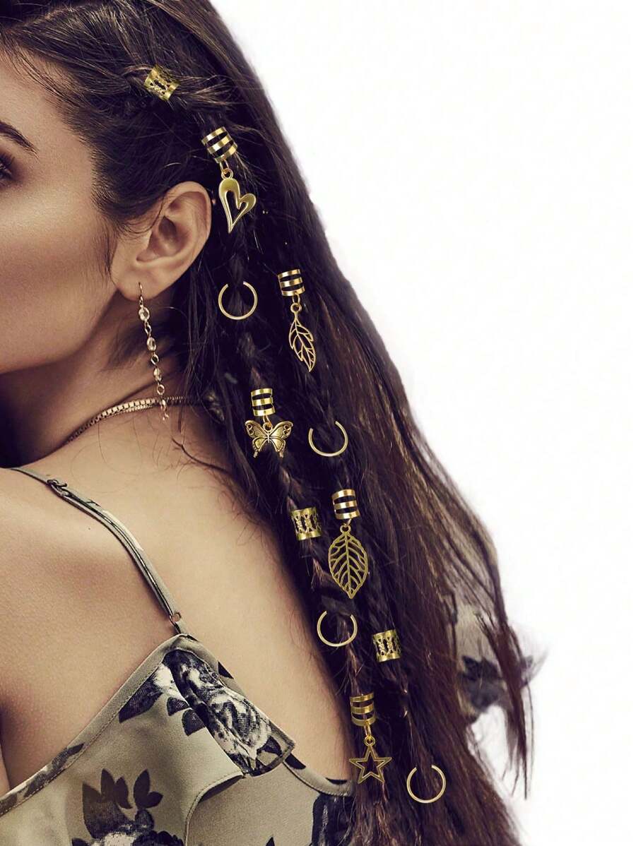 35 pièces Assortiment de tresses or ton or avec design papillon et feuille pour streetwear, fête, accessoires capillaires pour tresses, accessoires pour cheveux dorés pour la Saint-Valentin, pinces à cheveux pour la Saint-Valentin
