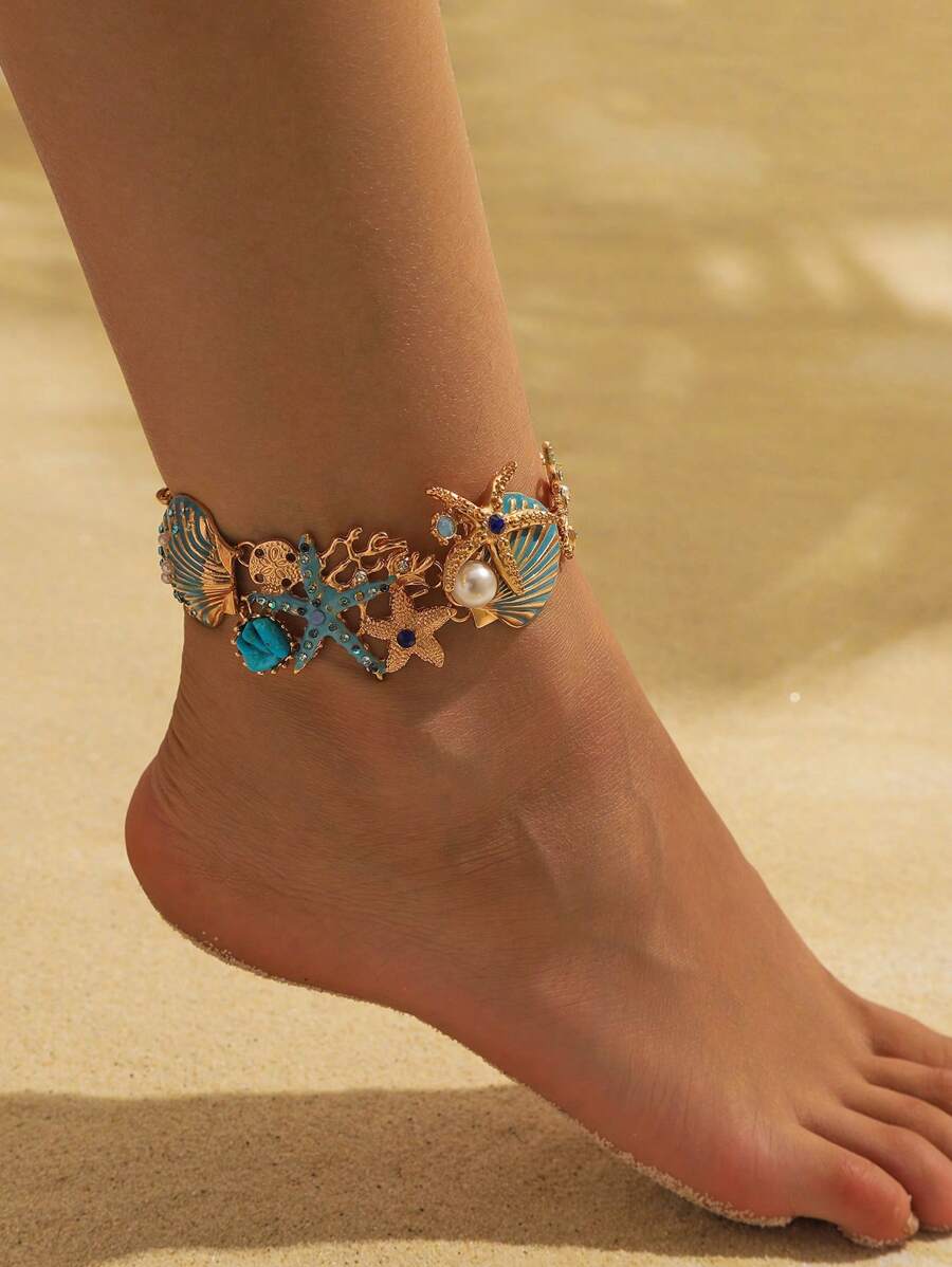 1 peça Nova Pulseira de Aro Feminina Resistente com Estilo Boêmio Vintage Inserções de Estrela do Mar e Concha Oceânica Decorada com Strass