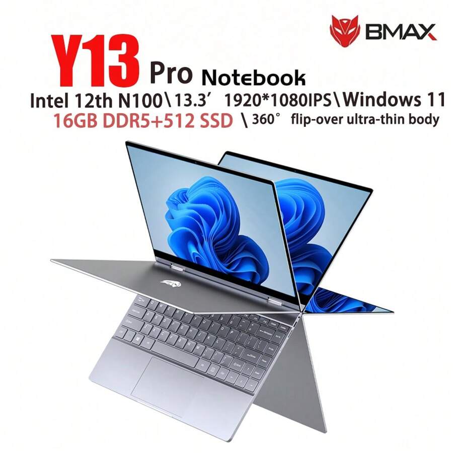 BMAX BMAX Y13PRO 360 ° portátil de 13,3 pulgadas Windows 11 16GB RAM LPDDR5 512GB SSD 1920*1080 IPS Intel N100 ordenadores portátiles