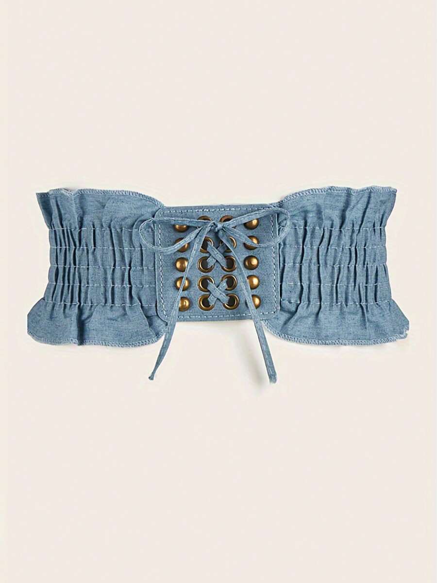 1 szt. Boho Marszczony Denim Pasek w Talii, Vintage Nitowany Pas Cincher Dla Kobiet, Uniwersalny Do Sukienek, Koszuli, Płaszczy, Odpowiedni Na Imprezę, Randki