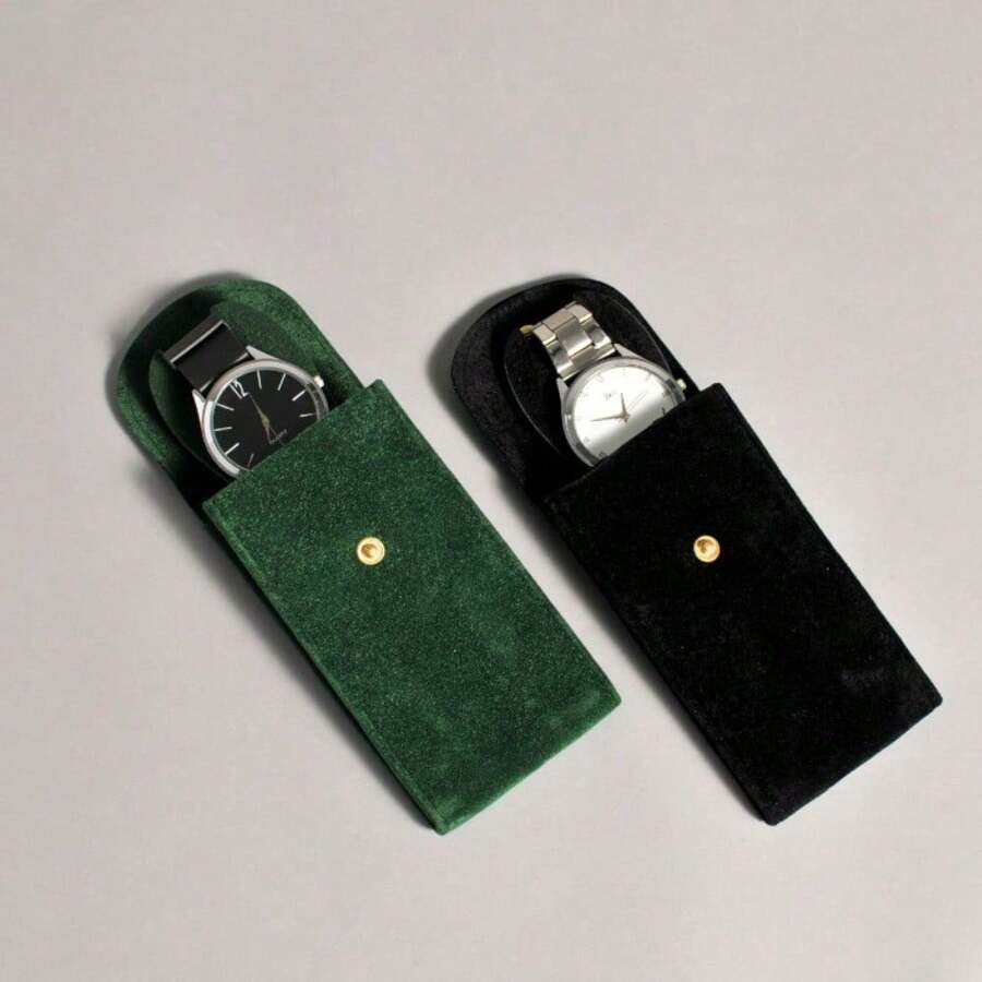 1 Stück grüne oder schwarze verdickte Doppelseitige Samt Uhren Aufbewahrungstasche Umschlagtasche mit Knopf für Schmuck, hochwertige Wildleder Klappe Uhrentasche zum Schutz Ihrer Uhr vor Kratzern