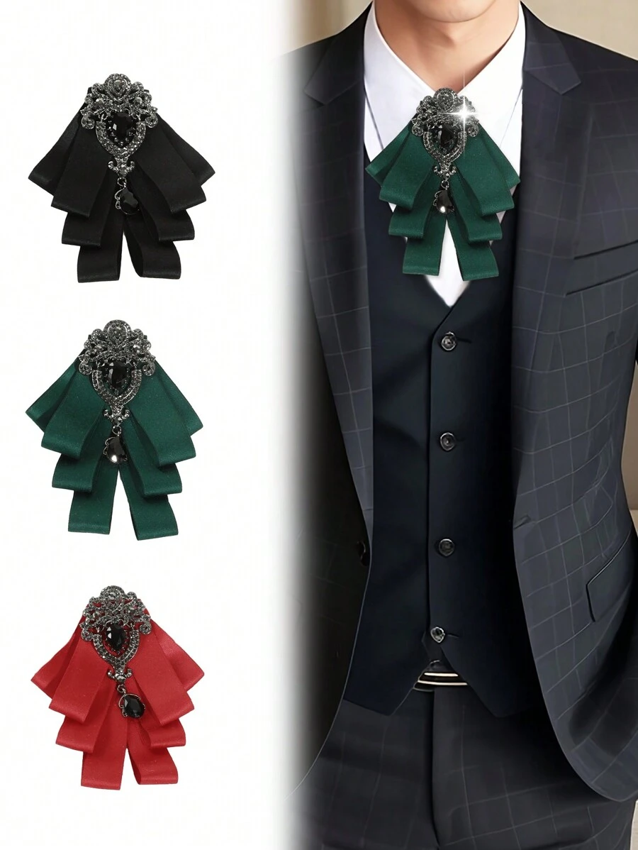 1 buc pandantiv casual bărbătesc cu pietre prețioase negre strălucitoare, broșă cu papion panglică neagră/verde închis/roșu, potrivită pentru costum, petrecere, spectacol pe scenă