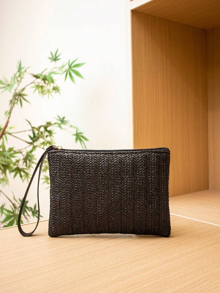 Cartera de embrague tejida en negro para mujer, esencial para vacaciones, perfecta para viajes, vacaciones, días festivos y playa