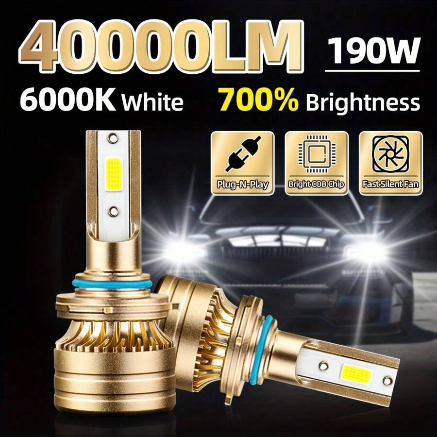 2pcs/Set Roadsun H1 H7 H11 9005 9006 H4 LED Headlight Bulbs, 40000LM, 190W, 6000K Cool White, HB3 HB4 HB2 Halogen Lamp Replacement, Aircraft Grade Aluminum Material, With External Driver Integrated, 1:1 Exact Light Shape, 700% Higher Brightness, High-End Intelligent, Over 65000 Hours Lifespan