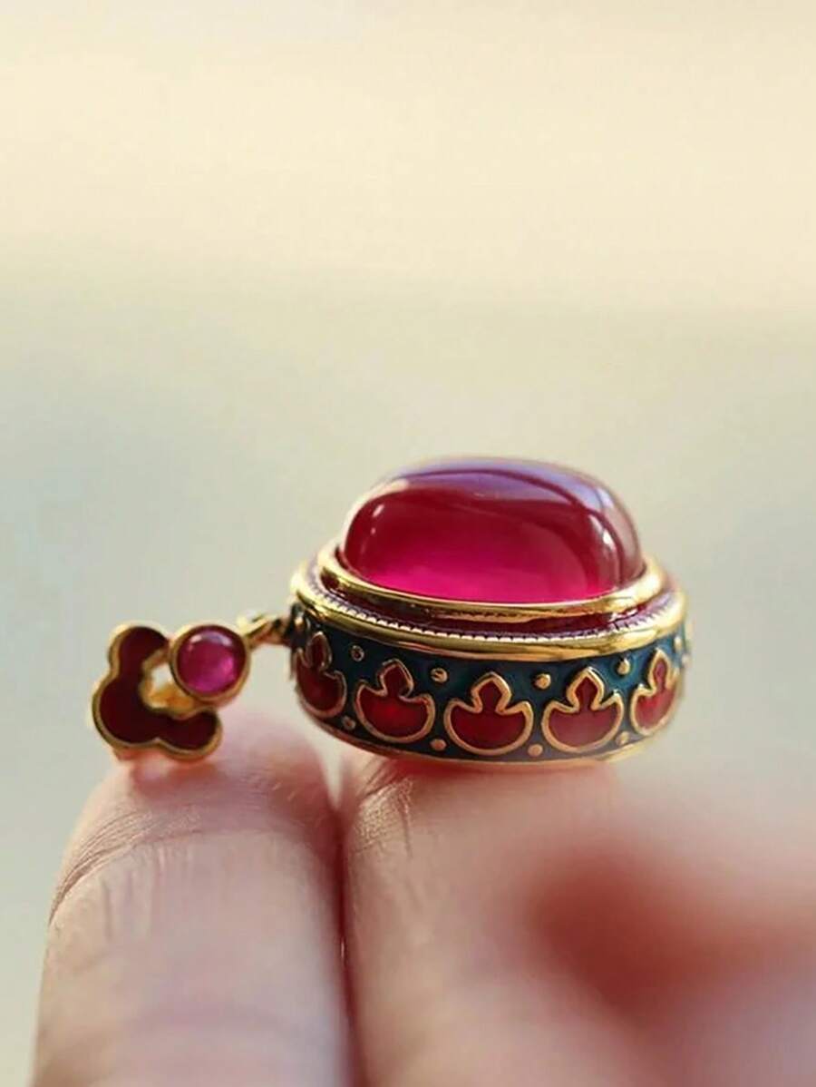 1pc Agate Pendant With Antique Gold Craftsmanship, Ladies' Floral Enamel Design Luxurious Wedding Jewelry, Suitable For Daily Wear